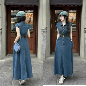 Đầm maxi cổ sơ mi tay cánh dơi chất jeans qc trẻ trung năng động