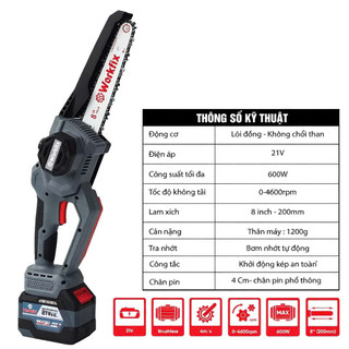 Cưa xích 8inch dùng pin WORKFIX WF-CS08BL, Tốc độ khủng 46000v.p, Không chổi than - Tra nhớt tự động