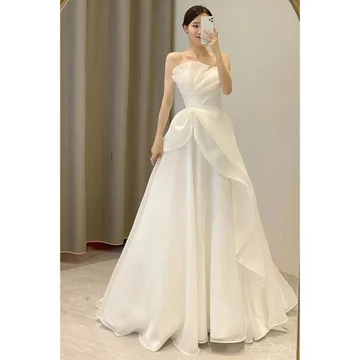 Váy cưới nhẹ, kiểu dáng mới, không dây, đơn giản, thích hợp cho chụp ảnh du lịch, tiệc chiêu đãi, váy dài chạm đất, váy