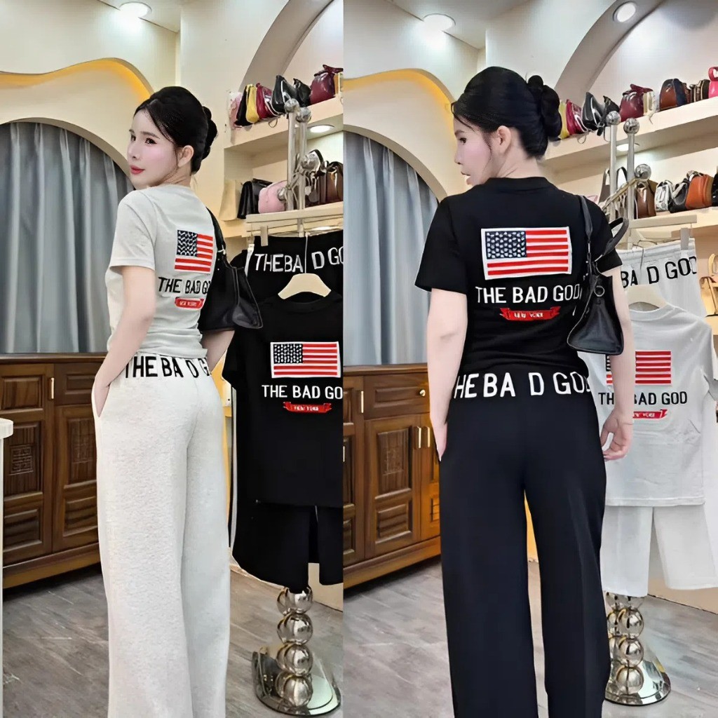 Bộ Áo Thun Babytee Cổ Tròn Ôm Dáng in Cờ Mỹ Giả Thêu Mix Kèm Quần Dài In Chữ Hotrend 2026