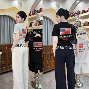 Bộ Áo Thun Babytee Cổ Tròn Ôm Dáng in Cờ Mỹ Giả Thêu Mix Kèm Quần Dài In Chữ Hotrend 2026