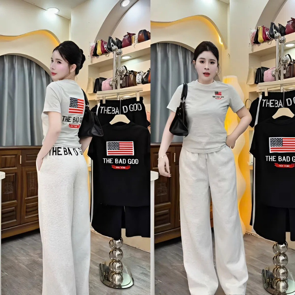 Bộ Áo Thun Babytee Cổ Tròn Ôm Dáng in Cờ Mỹ Giả Thêu Mix Kèm Quần Dài In Chữ Hotrend 2026