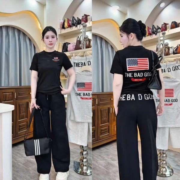 Bộ Áo Thun Babytee Cổ Tròn Ôm Dáng in Cờ Mỹ Giả Thêu Mix Kèm Quần Dài In Chữ Hotrend 2026