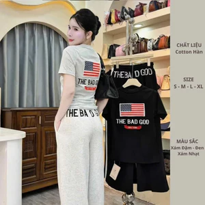 Sét Áo Ngăn Tay Cổ Tròn Dáng Ôm In Giả Thêu Cờ Mỹ Chữ BAD GOOD Chất Thun Cotton Mềm Thoáng Mát