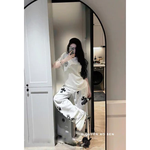 Sét Bộ Áo Phông Thụng In Chữ Chrome Mix Quần Xuông ống Rộng 100% Chất Cotton Mềm Mịn