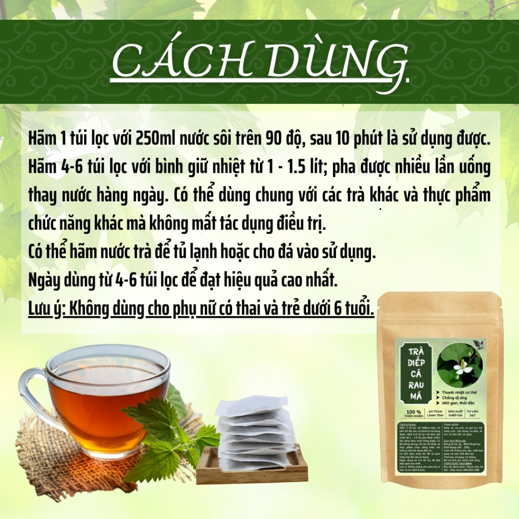 Hòa Bình Organic- Trà Diếp Cá,Rau Má. Giải độc gan,thanh nhiệt,tăng cường chức năng gan.Bịch 50 túi
