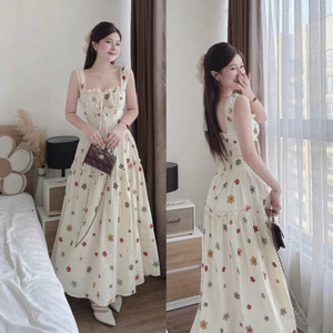 Đầm Maxi Xô Thêu Hoa Nữ Dáng Dài, Thiết Kế Dây Nhún Viền Ren Thanh Lịch Duyên Dáng