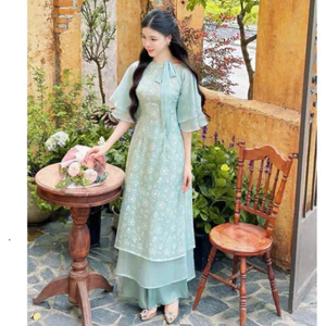 Set bộ áo dài thời trang nữ đi chơi chất tơ cổ tàu có dây nơ tay bèo xẻ lai quần ống rộng bo thun dáng maxi siêu x
