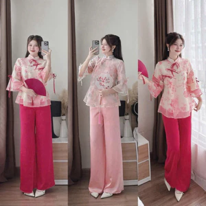 Set Thời Trang Nữ Áo Voan - Hoa Cổ Tròn Tay, Lỡ Hoe Kết Hợp Quần Tuyết, Ống Rộng Tôn Dáng