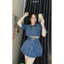 Set váy nữ áo có cổ tay ngắn croptop mix chân váy lưng cao xếp ly chất Jean quảng châu túi hộp rách nhẹ cá tính xi