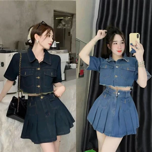 Set váy nữ áo có cổ tay ngắn croptop mix chân váy lưng cao xếp ly chất Jean quảng châu túi hộp rách nhẹ cá tính xi