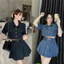 Set váy nữ áo có cổ tay ngắn croptop mix chân váy lưng cao xếp ly chất Jean quảng châu túi hộp rách nhẹ cá tính xi