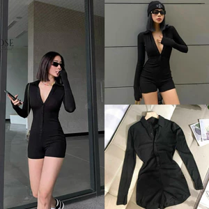 Jum thun gân cổ sơ mi tay dài họa tiết màu đen thiết kế đơn giản cá tính xinh xắn dành cho các tình yêu đi chơi, đ