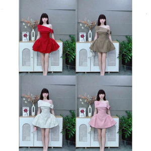 Đầm thời trang nữ kiểu tiểu thư chất Lụa Mango chạy smocking thân sau lệch vai đính hoa chấm bi dáng xoè phồng kèm