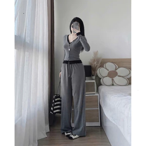 Set Bộ Phối Màu Hai Lớp Quần Dài Ống Suông Mix Áo Cổ Tim Đính Nút Chất Thun Gân Mềm Mại Thanh Lịch Đồ Mặc Nhà Dạo
