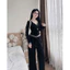 Set Bộ Phối Màu Hai Lớp Quần Dài Ống Suông Mix Áo Cổ Tim Đính Nút Chất Thun Gân Mềm Mại Thanh Lịch Đồ Mặc Nhà Dạo