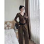 Set Bộ Phối Màu Hai Lớp Quần Dài Ống Suông Mix Áo Cổ Tim Đính Nút Chất Thun Gân Mềm Mại Thanh Lịch Đồ Mặc Nhà Dạo