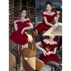 Đầm Nhung Trễ Vai Đính "8 BÔNG" Hoa Cuốn Phối Váy Bí Phồng Shop TiNa Fashion Shop Uyên Fashion