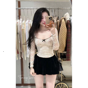 Set áo body ren dài tay cổ vuông nơ mix chân váy nhung xinh lắm hàng có sẵn Shop Uyên Fashion