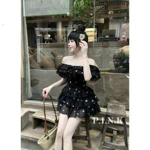 Set Váy Nữ Chất Tăm Gãy Trễ Vai, Tay Ngắn Bèo Ngực, Dáng Xòe, Có Lót Shop Uyên Fashion