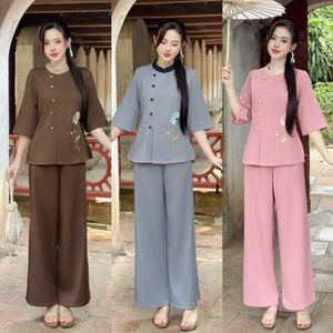 Đồ lam pháp phục đi chùa nữ chất linen hàn cao cấp thêu hoa sen sang trọng thanh lịch , có túi quần Shop Uyên Fash