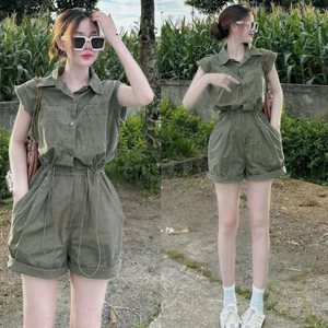 Jumsuit thời trang nữ vải jean Quảng Châu dày dặn cổ sơ mi tay ngắn cánh tiên xinh xắn dành cho các nàng mang đi c