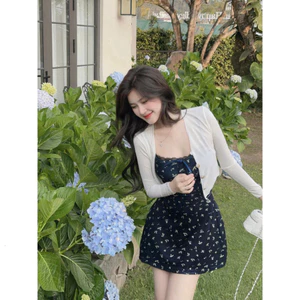 Set Váy Hai Dây Samy Hoa Nhí Cổ V Kèm Áo Cardigan Trắng, Phong Cách Xinh Xắn Shop Uyên Fashion