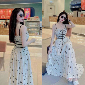 Đầm thời trang nữ mặc đi Biển ngày hè chất Xốp Hoa 2 dây viền đen có mút ngực cột nơ đen, váy maxi xoè siêu xinh Q