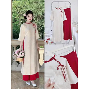Set bộ áo dài thiết kế mặc đi chơi lễ tết chất gấm cổ tròn đính nơ tay lỡ xẻ lai quần tuyết nhung ống rộng bo thun