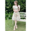 Váy Tơ Kem Hoa Xanh Thêu Tiểu Thư Gam Màu Kem Form Ngắn Xếp Chéo Eo Thanh Lịch Shop Uyên Fashion
