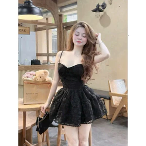 Đầm REN thêu nổi cao cấp 2 lớp dày dặn thiết kế 2 dây cúp ngực (kèm quần) váy dáng ngắn xoè bồng bềnh sang chảnh S