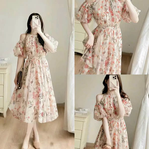 Đầm thời trang nữ dáng xòe cổ tròn phối voan hoa nhí trễ tay nhún eo dành cho các nàng đi chơi, đi tiệc QC. Màu y