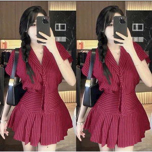 Set Váy Thời Trang Nữ, Áo Sơ Mi Tay Ngắn Phối Chân Váy Xoè, Chất Kaki Sọc, Có Cà Vạt Shop Uyên Fashion
