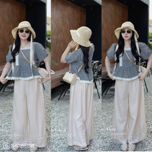 Set bộ thời trang nữ thiết kế áo chất qc sọc phối ren cổ vuông tay búp dáng babydoll mix quần suông phối ren Shop