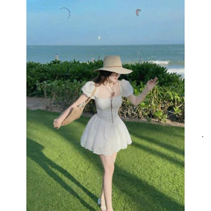 Đầm Ren Hoa Nổi Cao Cấp, Cổ Vuông Tay Bồng, Dáng Xòe Ngắn, 2 Lớp, Kèm Quần Rời Shop Uyên Fashion