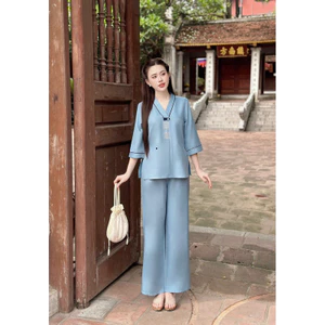 Set đồ lam đi chùa thiết kế trẻ trung chất vải kate lụa thêu cổ dáng xuông Pháp phục tay lỡ sang trọng, có túi quầ