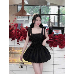 Đầm Thiết Kế Hai Dây Lưới Bông, Cột Nơ, Tùng Cotton Dáng Bí Phồng, Dễ Thương Shop Uyên Fashion