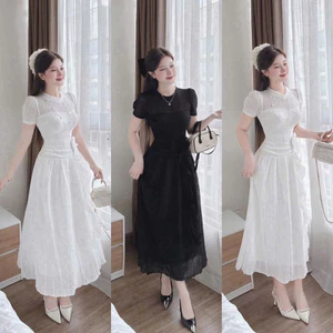 Đầm thời trang nữ dự tiêc chất len ren cổ tròn tay ngắn đính hoa eo dáng váy chữ A kèm lót xếp ly dài maxi SHOPTIN