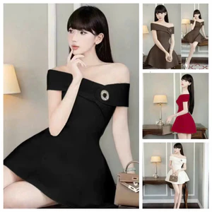 Đầm Nữ Dáng Điểm Khuy Ngắn Trễ vai Chất Bố Xước Dày Dặn Thời Trang Basic Nữ