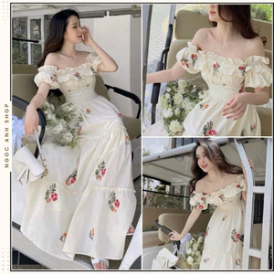 Váy Hoa Trễ Vai, Viền Bèo Ngực, Đầm Maxi Dáng Dài 2 Lớp, Đi Biển, Đi Chơi Shop Uyên Fashion