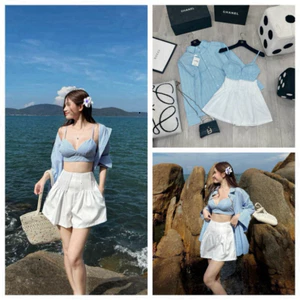 Set 3 món sơmi sọc đi biển siêu xinh Vải thô lụa QC mềm đẹp, áo 2 dây có mút ngực, chun