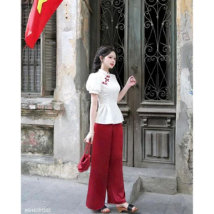 Set bộ nữ chất áo gấm tay ngắn phồng cổ tàu đính nút tàu mix quần tuyết nhung dài ống rộng mẫu mã mới Shop TiNa Fa