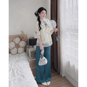Set bộ cách tân đồ lam cho nữ voan tơ tay loe cổ tàu cột nơ in hoa đi chùa, lễ tết Shop TiNa Fashion Shop Uyên Fas