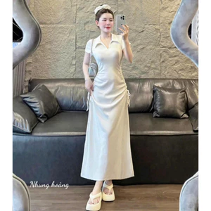 Đầm váy dự tiệc sang trọng thời trang nữ chất thun gân cổ bẻ tay ngắn rút dây 2 bên sườn dáng váy chữ A. Shop Uyên