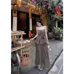 Set áo Plum quai dây chuỗi ngọc, phối chân váy maxi dài nhẹ nhàng nữ tính Shop Uyên Fashion