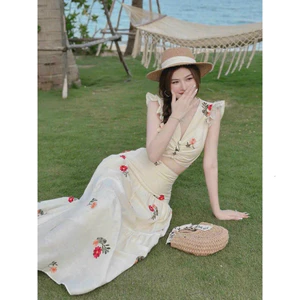 Sét váy thời trang nữ mặc đi biển chất lụa ý in hoa xinh cổ v nút bọc cánh tiên mix chân váy mocking váy xoè QC🌹�