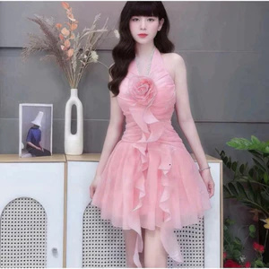 Đầm Thiết Kế Cổ Yếm Viền Ren - Voan Tơ Dáng Xoè Dài, Đính Bông Phối Bèo, Mặc Tiệc, 2 Màu Thanh Lịch Shop Uyên Fash