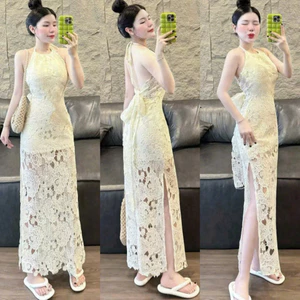 Đầm thời trang nữ mặc đi tiệc chất ren cổ yếm không tay hở lưng váy 2 lớp xẻ tà dài dáng maxi siêu xinh Shop Uyên