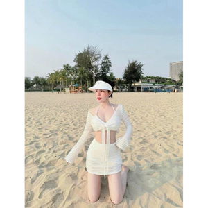 Set Đồ Đi Biển 3 Món, Bikini Có Mút, Áo Dài Tay, Chân Váy Trắng, Chất Tằm Xốp Nhăn Shop Uyên Fashion