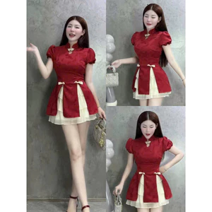 Set Váy Thiết Kế Áo Gấm Cổ Tàu Nút Mây Tay Bồng Xẻ Tà Đính Nơ Mix Chân Váy Tơ Có Lót Quần – Outfit Nữ Diện Tết Siê